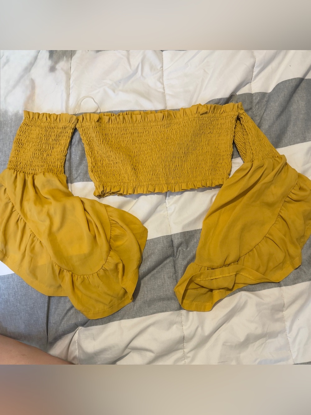 Mustard Smocked Off-Shoulder Crop Top with Ruffled Bell Sleeves